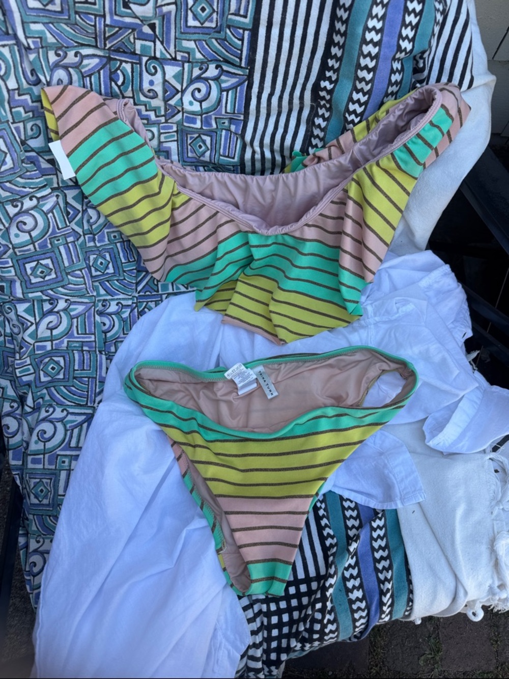 Trina Turk Striped Ruffle Bikini in Mint, Yellow & Tan